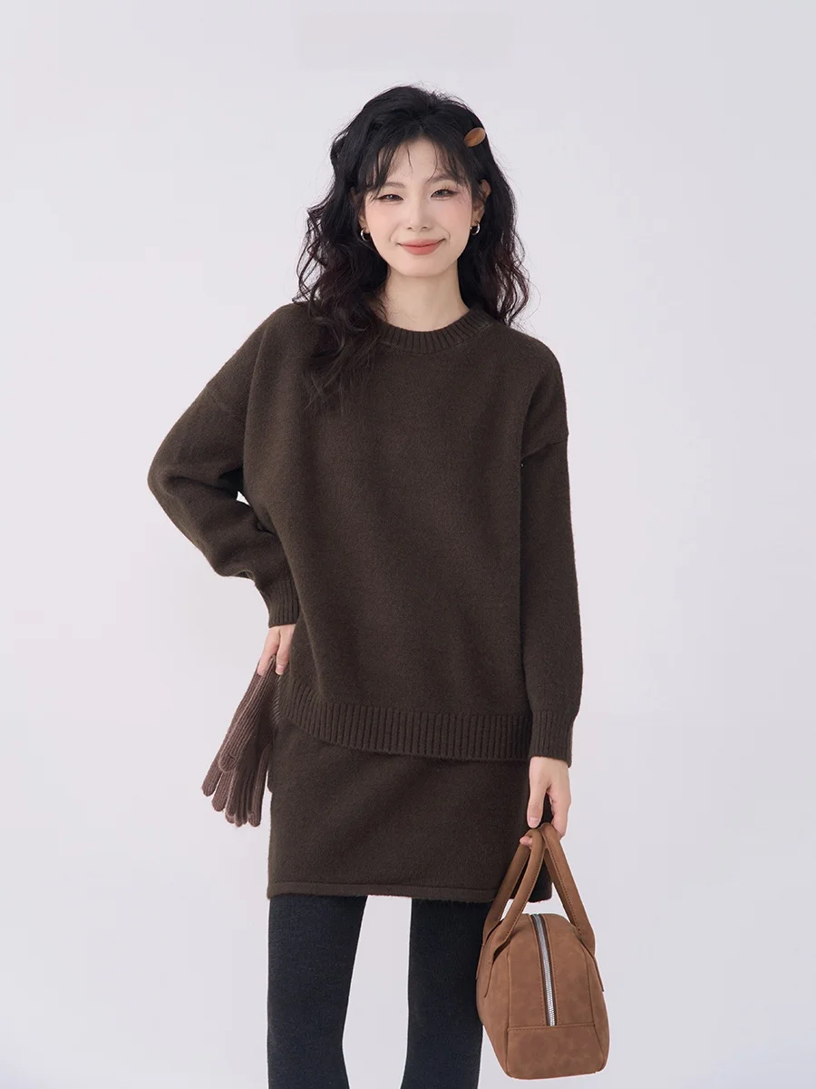 

Heme Isaac Li Coffee вязаный свитер и юбка комплект из двух предметов женский круглый пуловер Ne зимний длинный све