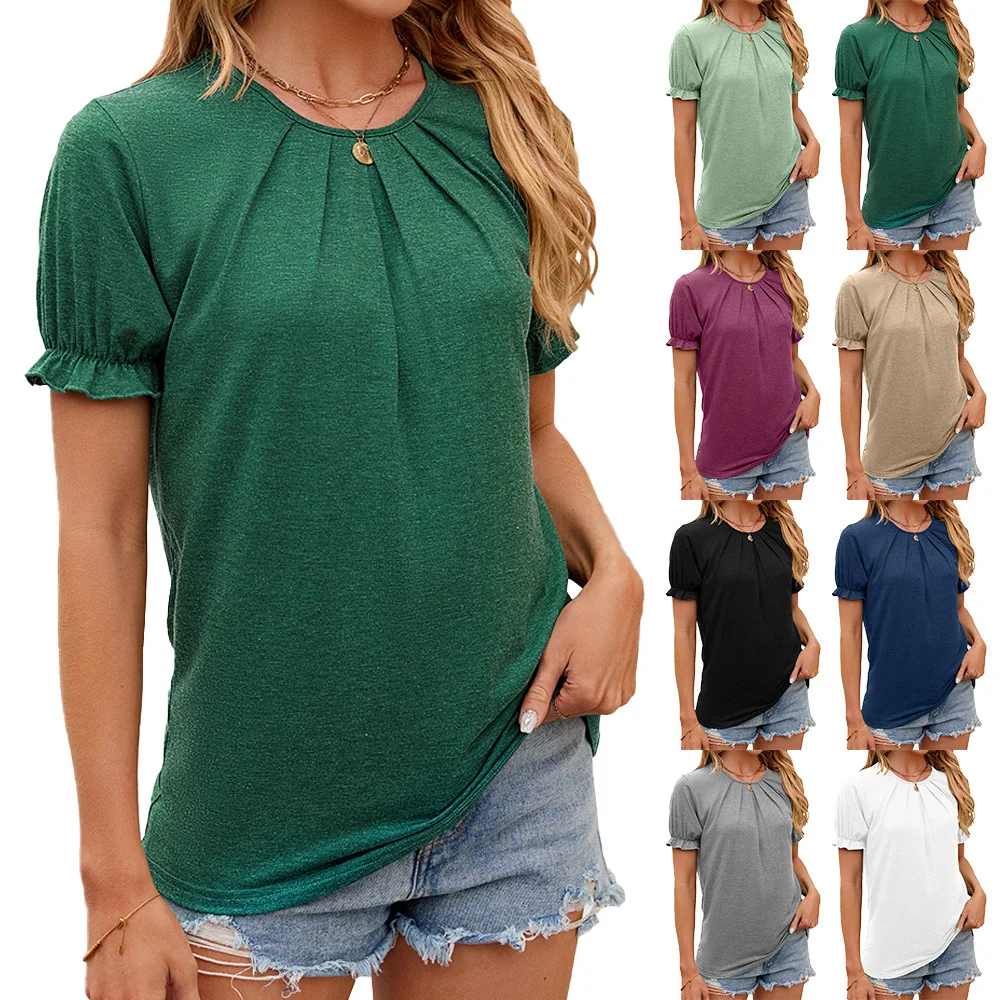 

Women's Casual Short Sleeve T-shirt, Round Neck, Puff Sleeve, Monochromatic Top