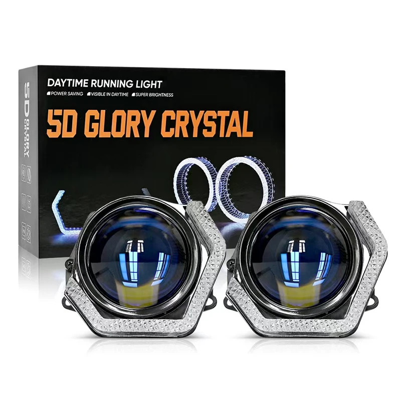 

3inch 5D Angel Eyes Headlight Lens Covers Rectangular Halo Rings RGB LED DRL With Turn Signal Light Yellow Flowing App Control