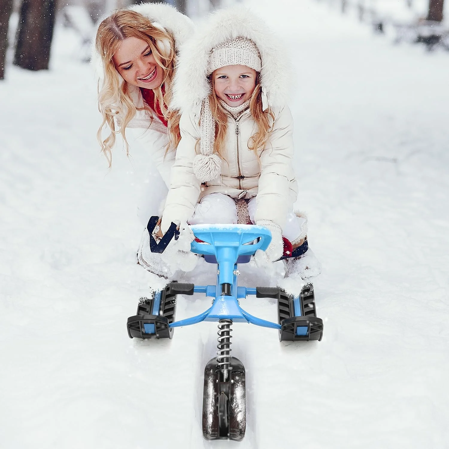 Durable Snow Slider Board Ski Sled, Portable Snow Racer with Steering System for Family Winter Outdoor Fun
