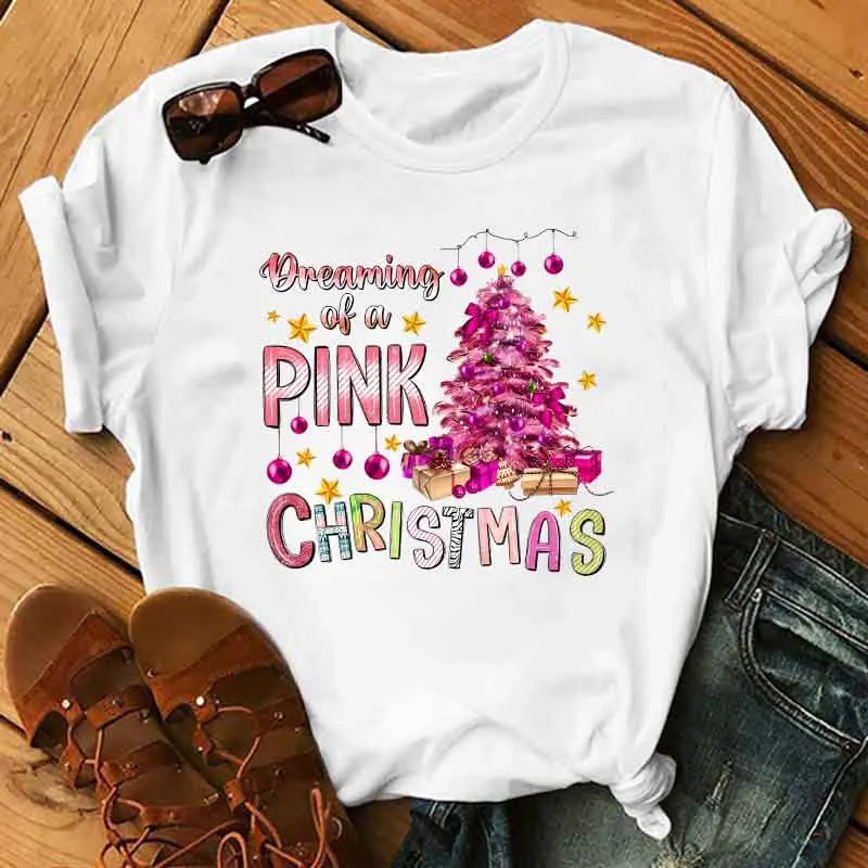 Camiseta de manga corta informal de verano para mujer, camiseta gráfica de estilo Harajuku con pintura de serie navideña