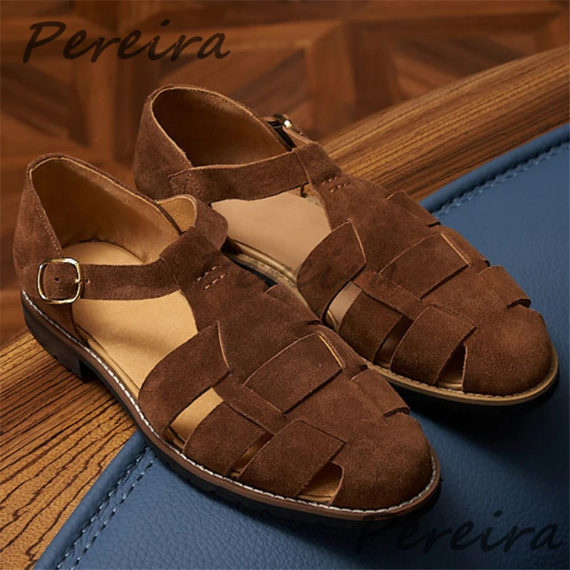 

Men's Suede Leather Buckle Sandals British Style Trendy Roman Sandals Summer New Breathable Handmade Cowhide Male Casual Shoes
