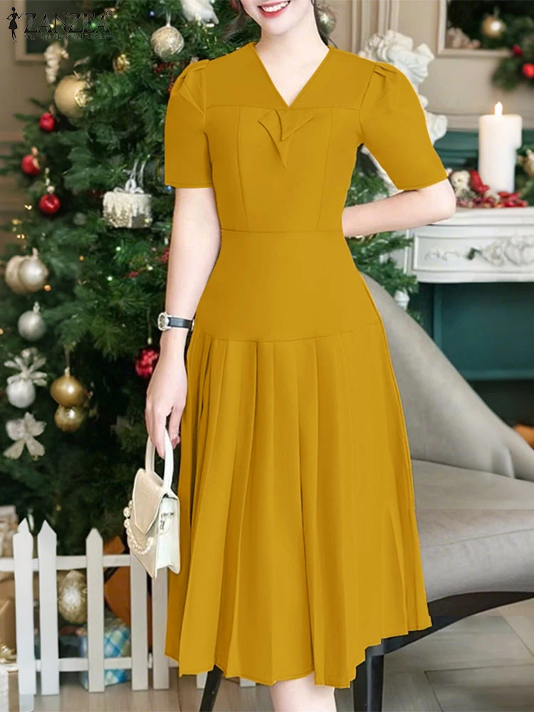 ZANZEA Elegante Frauen V-ausschnitt Kurzarm Plissee Kleider 2025, Sommer Kleid Stilvolle Party Arbeit Sommerkleid Casual EINE Linie Vestidos