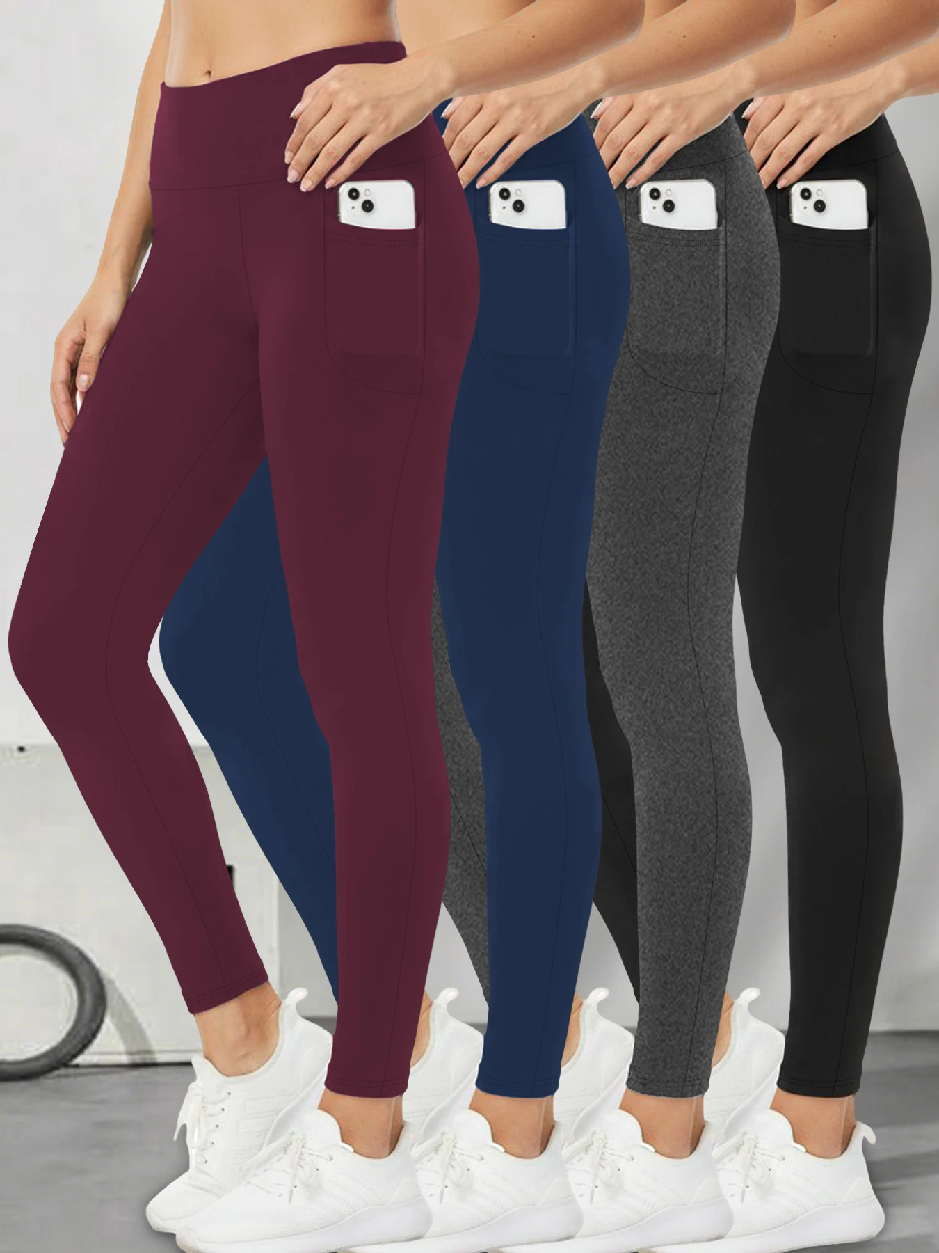 

Комплект из 4 супермягких спортивных леггинсов для женщин с карманами, с высокой талией, для коррекции живота, для тренировок, йоги и бега