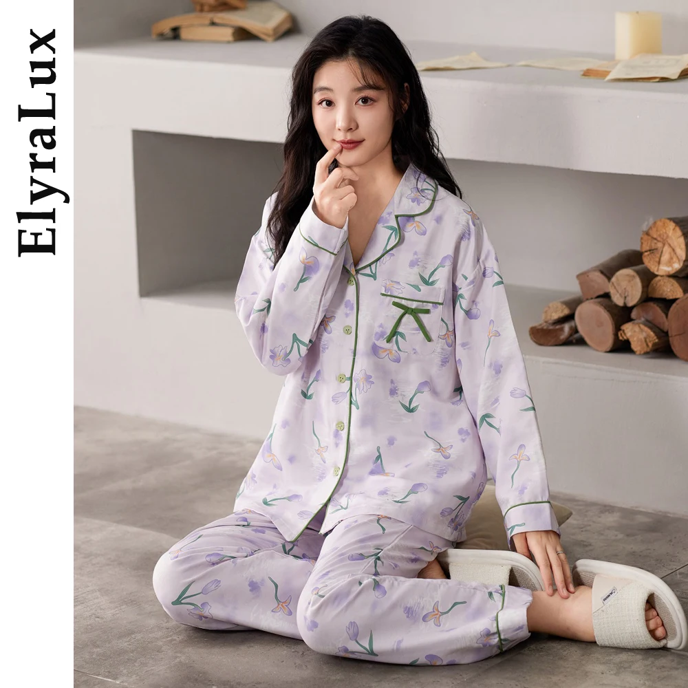 

ElyraLux Хлаковый открытый кардиган с длинными рукавами и воротником для отдыха, домашняя одежда для сна для женщин, милый стиль, Новое поступление, весна-осень