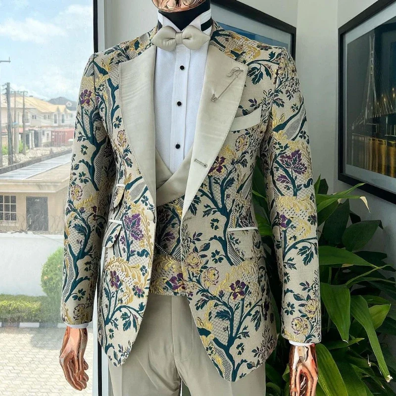 Floral Wedding Groom Tuxedos for Prom Party 3 Pcs Jacquard Men Suit Slim Fit Male Fashion Costume Custom Made Jacket Vest Pants