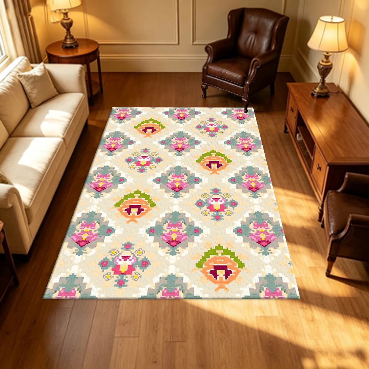 Boho Kilim Repeating Geometric Floral Carpet Flooring Pink Green Vintage Ethnic Spliced Pattern Household Indoor Decor Rug