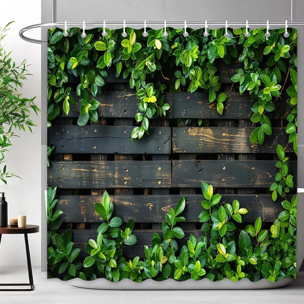 Rustic Rustic Wooden Panel Garden Wall Shower Curtain Green Plant Leaf Enclosure Fence Polyester Shower Curtains Bathroom Decor