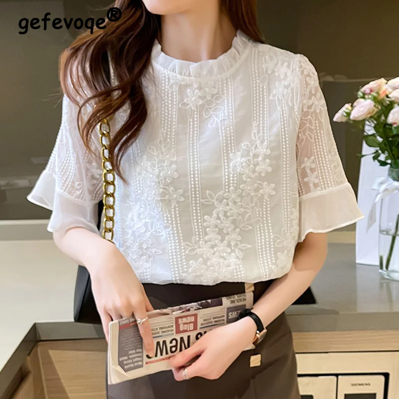 Women Trendy Ruffle Embroidery Sweet Blouses Summer Casual Round Neck Short Sleeve Shirts White Chic Tops Blusa Mujer Moda 2023