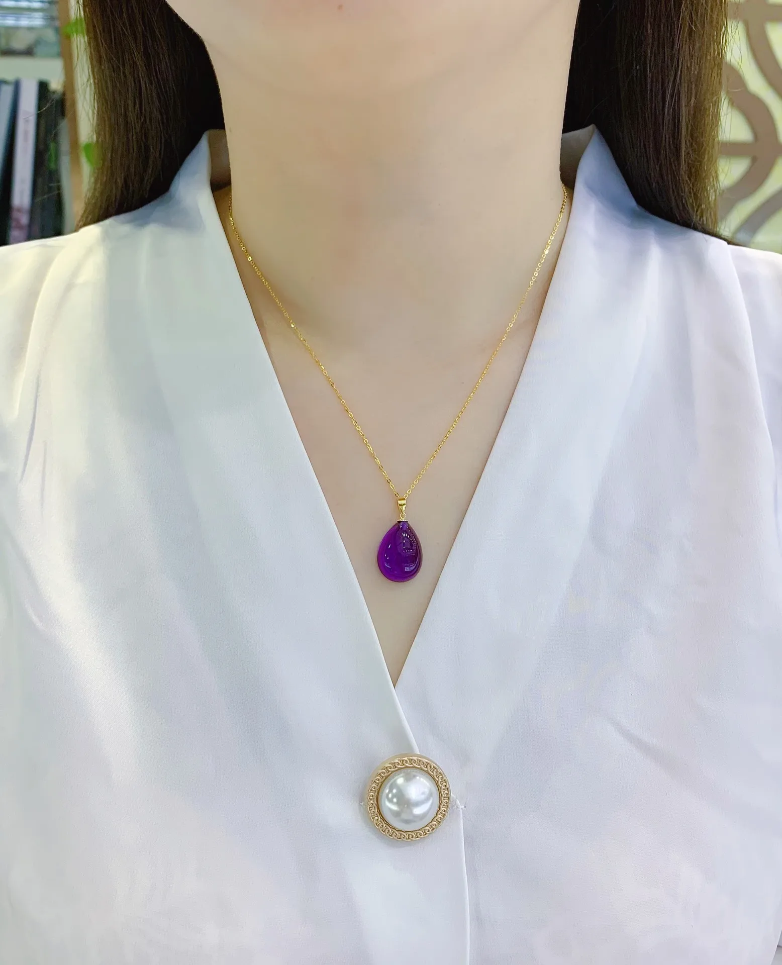 Shilovem 18k Yellow Gold piezoelectric Amethyst Pendants Fine Jewelry Women trendy No Necklace classic New  13*18mm yzz131855z