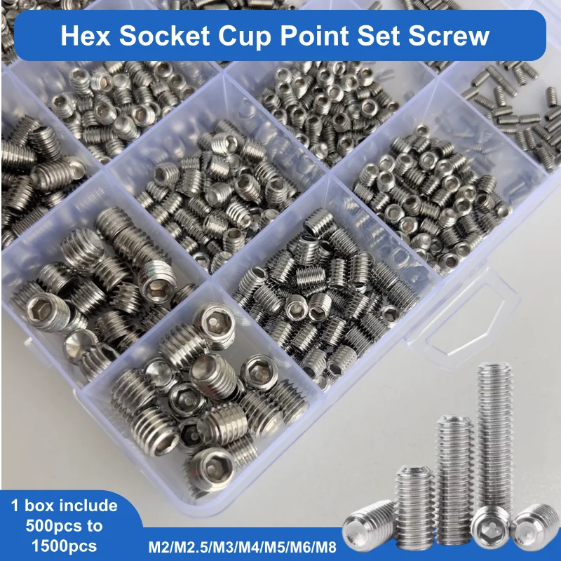 DIN916 304 Stainless Steel  Hex Hexagon Socket Allen Cup Point Grub Bolt Set Screw Kit Box M2 M2.5 M3 M4 M5 M6 M8