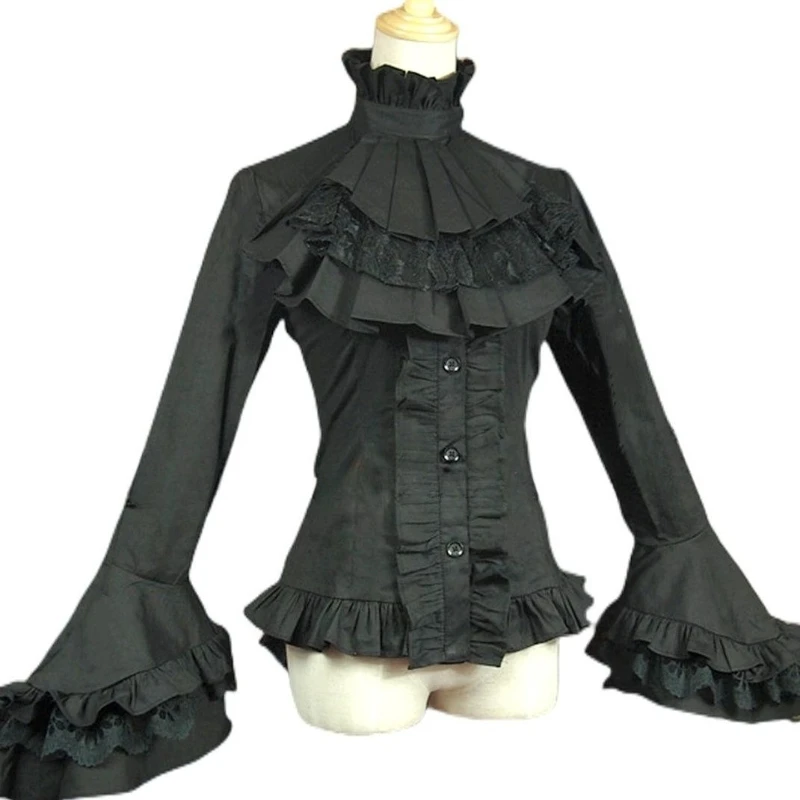 

Lolita Gothic Long Flare Sleeve Tees Women Casual Elegant Pleated Top Turtleneck Button Solid Color France Y2k Spring Autumn