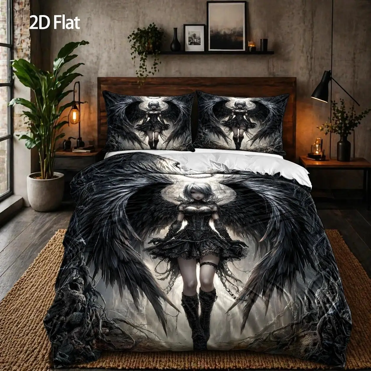 3-Piece Duvet Cover Set Black Dark Angel Gothic Halloween Bedding Set with Invisible Zipper Machine Washable for Bedroom