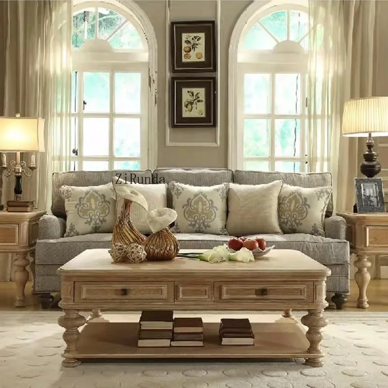 

American country solid wood coffee table retro carved tea table square drawer storage household tea table