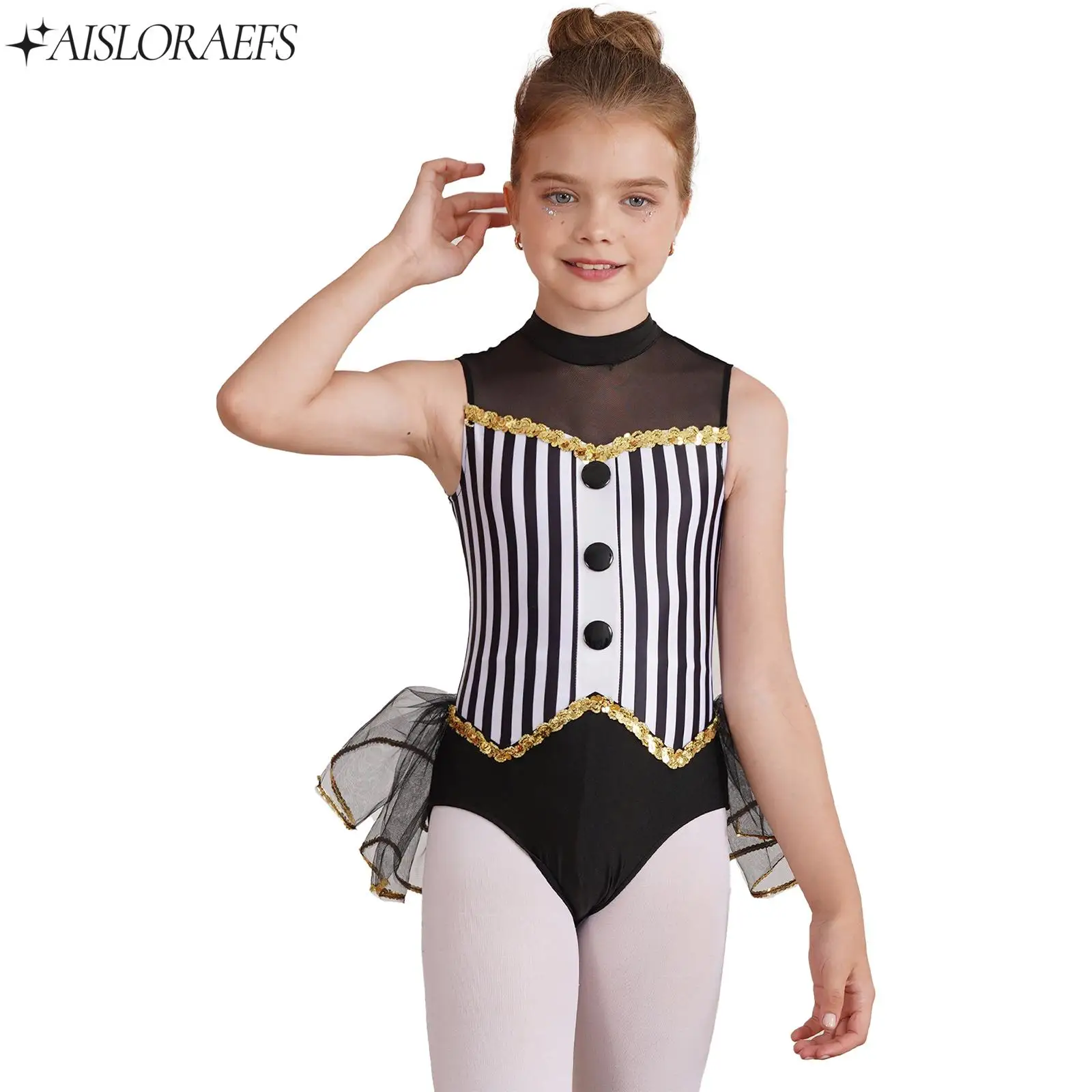 

Stylish Kids Girls Latin Jazz Dance Performance Dress Costumes Striped Leotard Christmas Party Tulle Skirted Bodysuits Dancewear