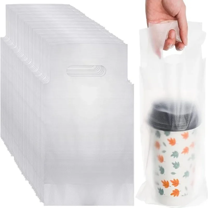 

100pcs Handle Bags Coffee Bag Transparent Tote Packaging Pocket Single Double Cup Plastic Shopping Bags Cokes Tea Drink Pouches