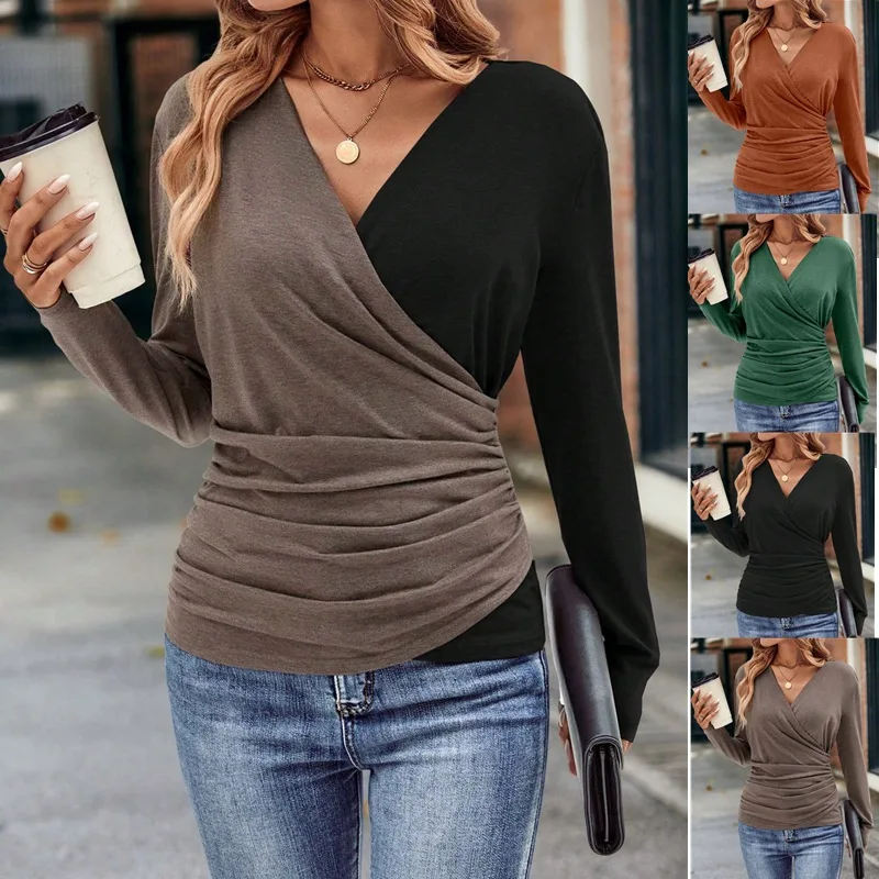 

Fashionable and Elegant Women's Top 2024 European and American Women's Spring and Autumn New Slim Fit Waist Pleated V-neck