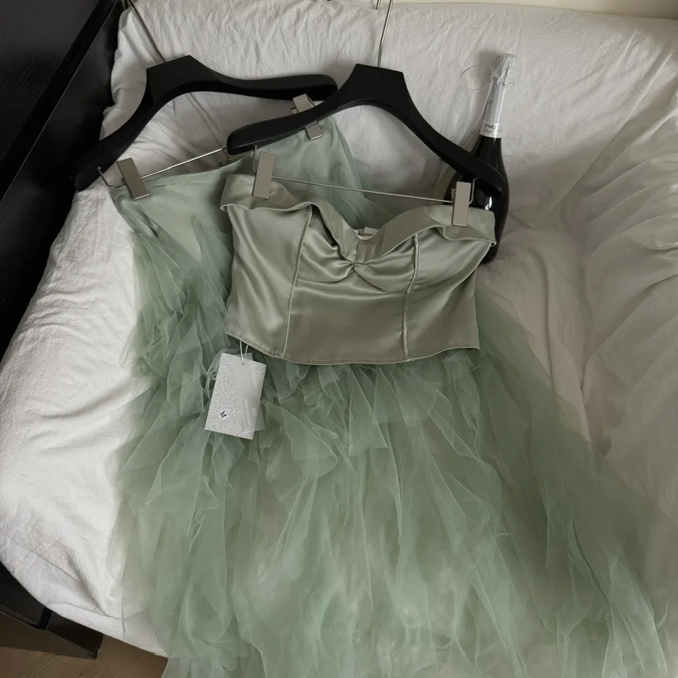 

Forest System Satin Feel Tube Top + Fairy Irregular Design Net f Skirt Set Summer 2025 Women's Faion Ensemble