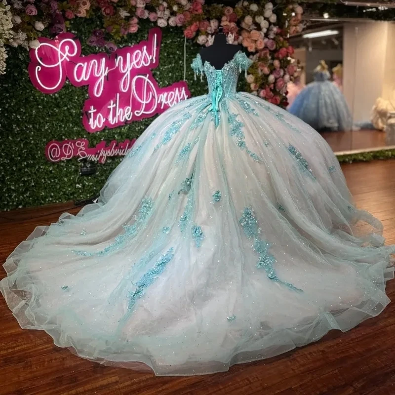 

Water Blue Shiny Quinceanera Dresses Off The Shoulder Party Gown Applique Lace Beads Tull Princess Sweet 16 Dress Vestidos De XV