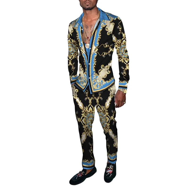 Men Travel Casual Retro Ethnic Floral Totem 3D Print Tracksuit Male Long Sleeves Lapel Button Cardigan Shirt Pants 2 Piece Sets