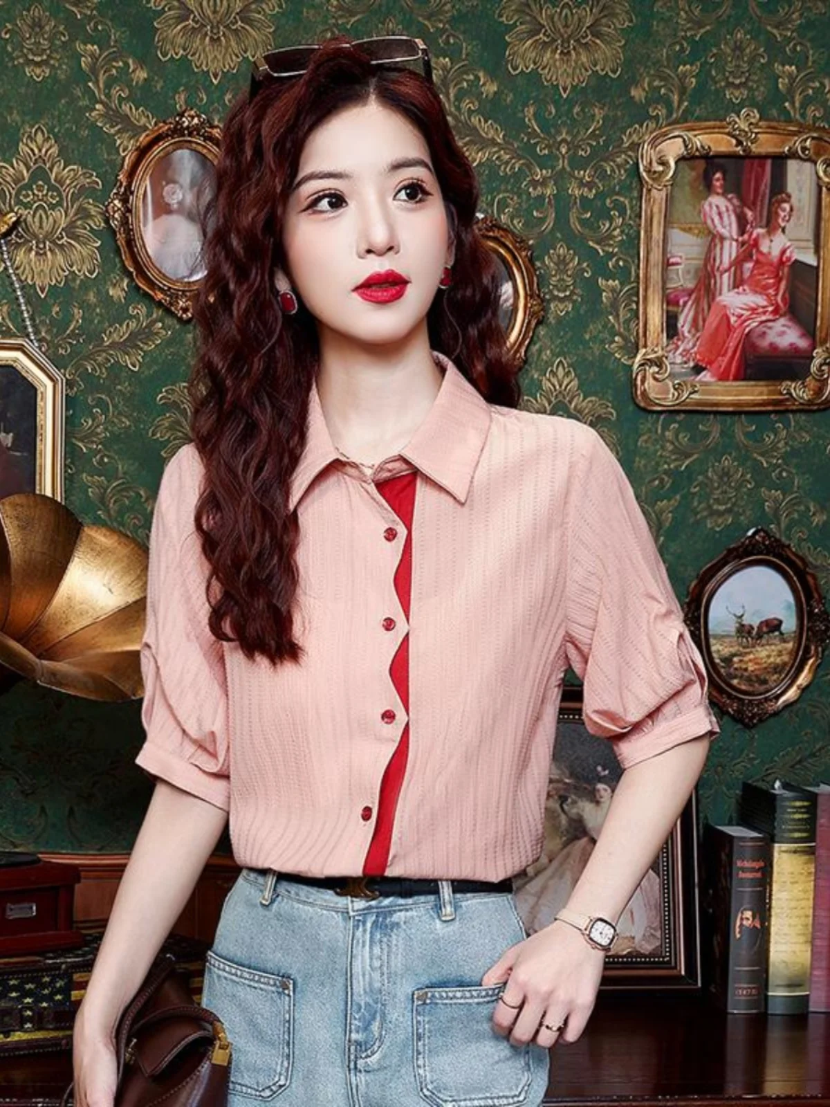 

Retro Hong Kong Sle ort Sve Color Blo Women's irt Summer Unique Design Casual Straight Cut Button up Top