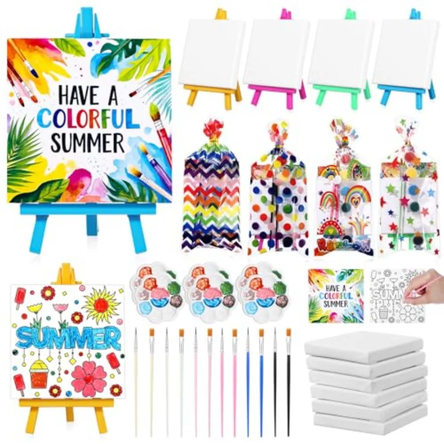 

24 Set Mini Summer Party Watercolor Paint Set Mini Canvas Acrylic Painting Kit with Cards, Plastic Easel, Canvases, Paint Kit A