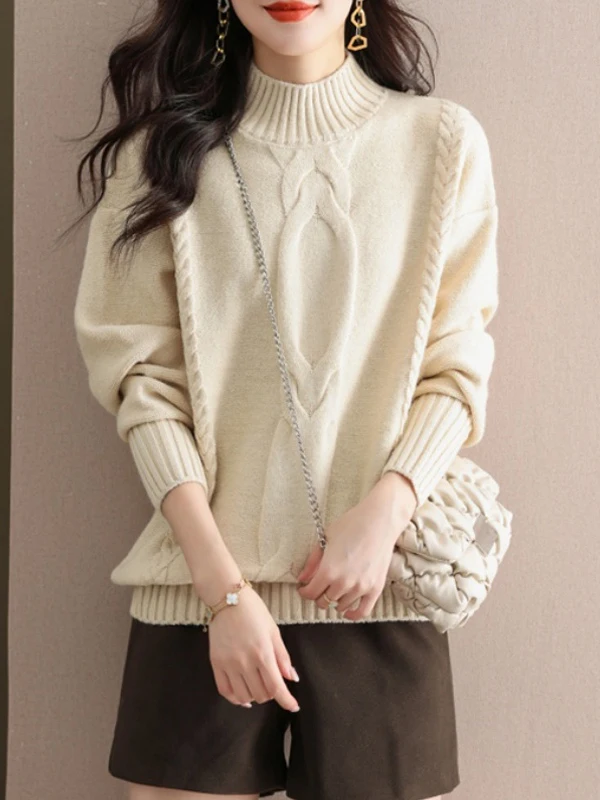 Women's Knitted Sweater Autumn Winter Thickened Loose Half High Collar Knitwear Casual Style Polyester Fiber Warmth Heating