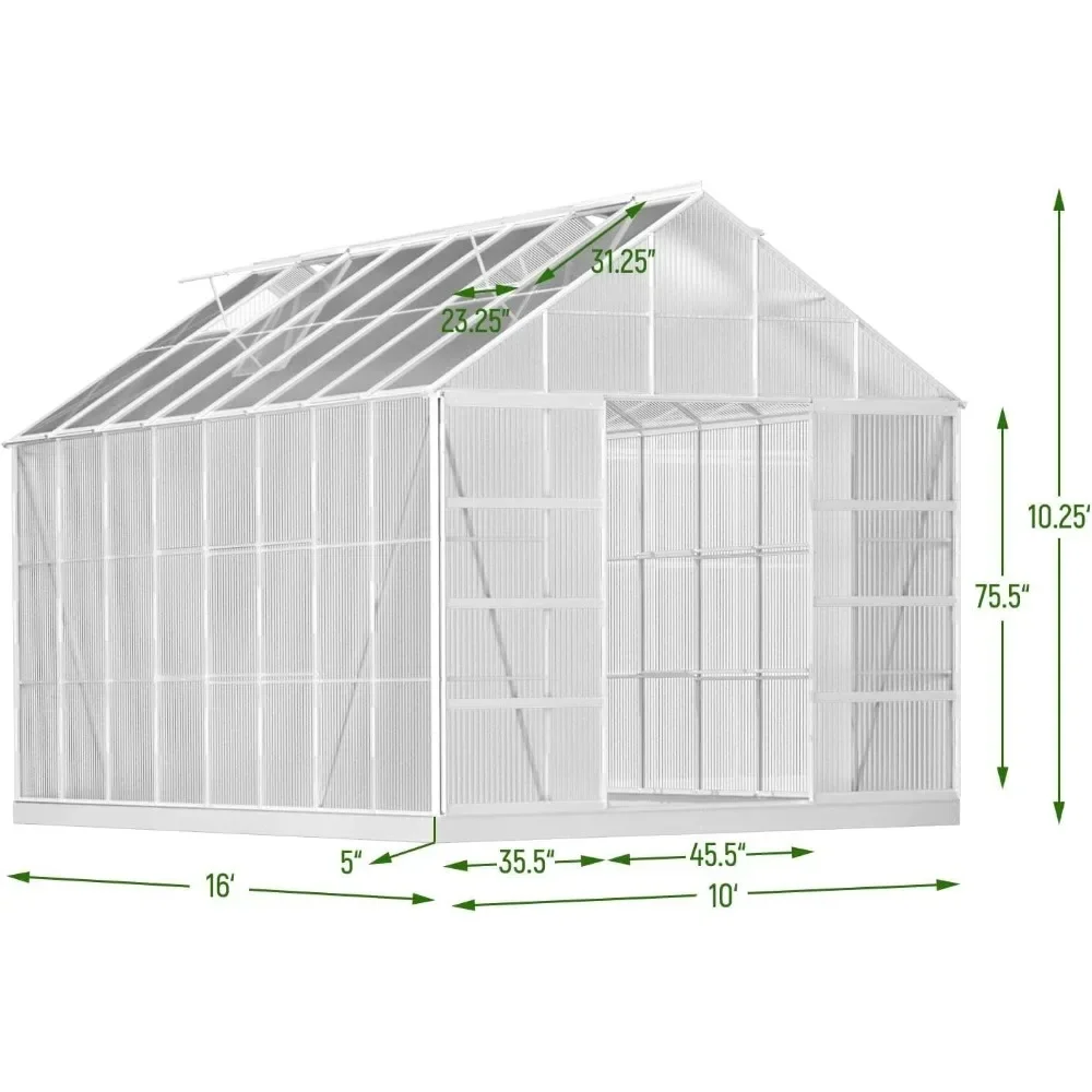 10' x 16' Outdoor Aluminum Greenhouse Polycarbonate with Adjustable Roof Vent and Sliding Door for Backyard Garden in Winter