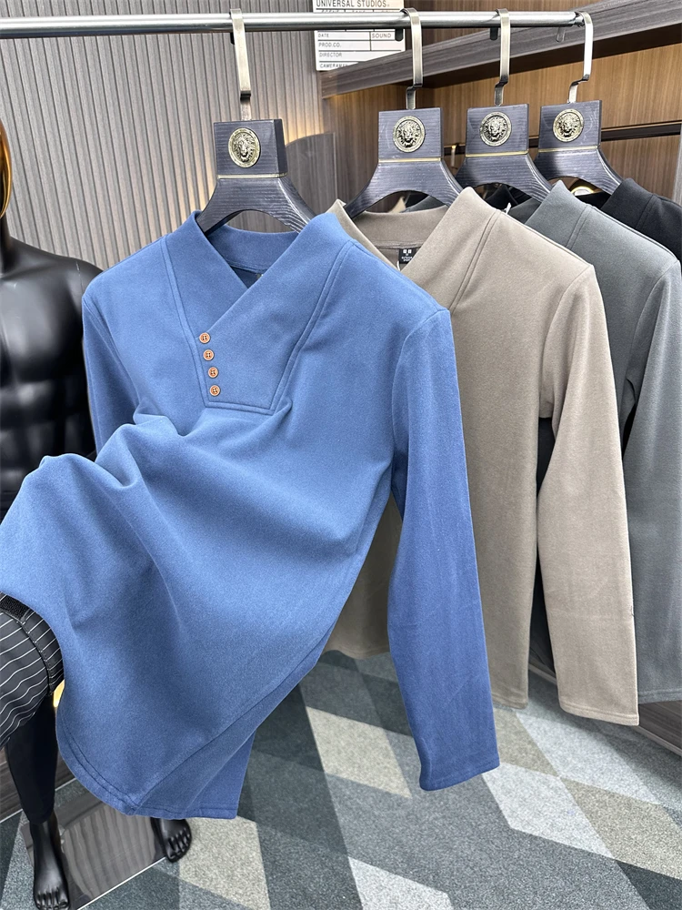 

Pure Color Long Sve T-irt Men's Skin-friendly Double-sided Fce V-ne e Collar Spring Faion Casual Top