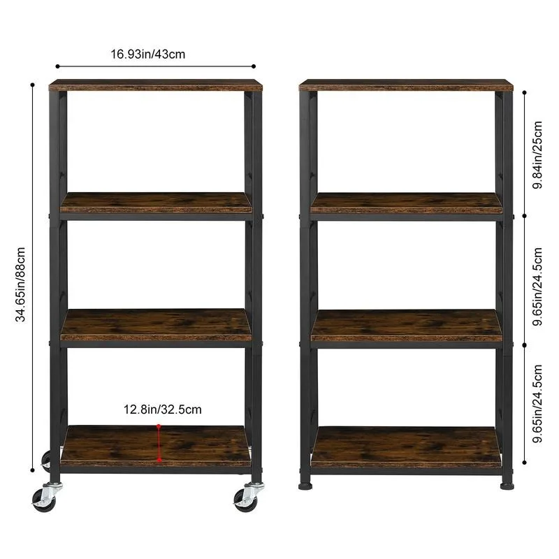 Industrial Kitchen Rolling Cart with Wheels, 4-Tier Wood Cover Design Storage Snack Coffee Cart for Living Room, Bathroom,