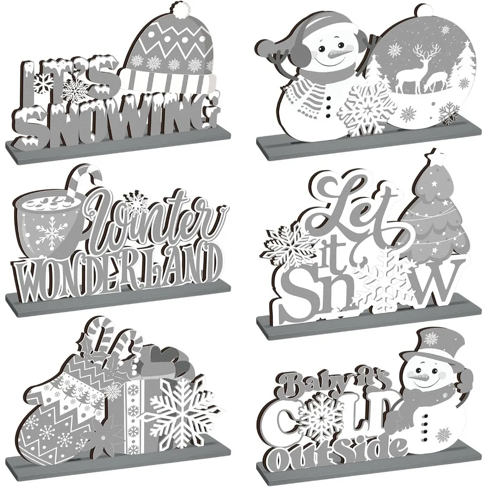 

6 шт. Рождественский деревянный декор стола, зимняя снежинка и снеговик, центральные элементы в виде страны чудес, аксессуары для домашнего декора