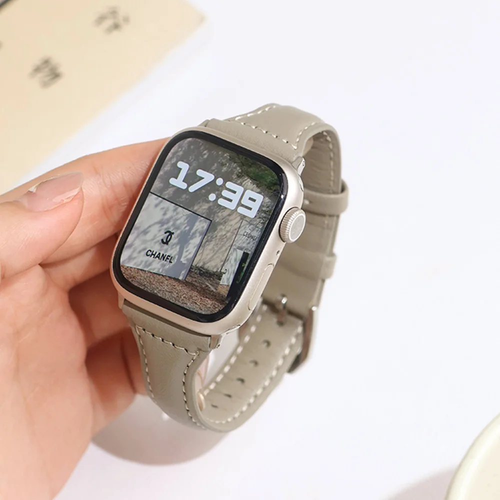 Slim Leather Strap For Apple Watch Band Ultra 3 41mm 40mm 49mm 38mm 42mm 44mm Bracelet loop watch 8 45mm 11 10 46mm 9/7/se/3/4 6