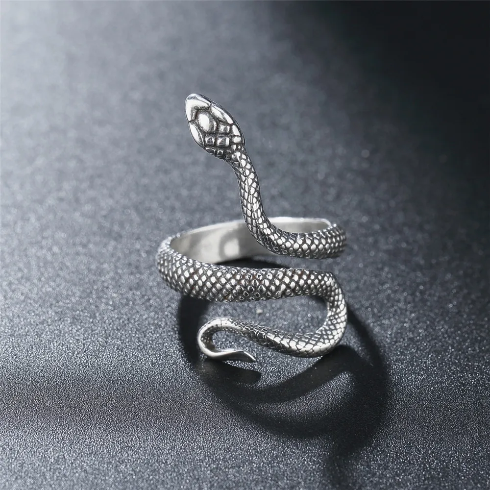 Retro Snake Python Ring For Men Women Silver Color Punk Gothic Alloy Open Ring Handmade Designer Jewelry Unisex Accessories Gift