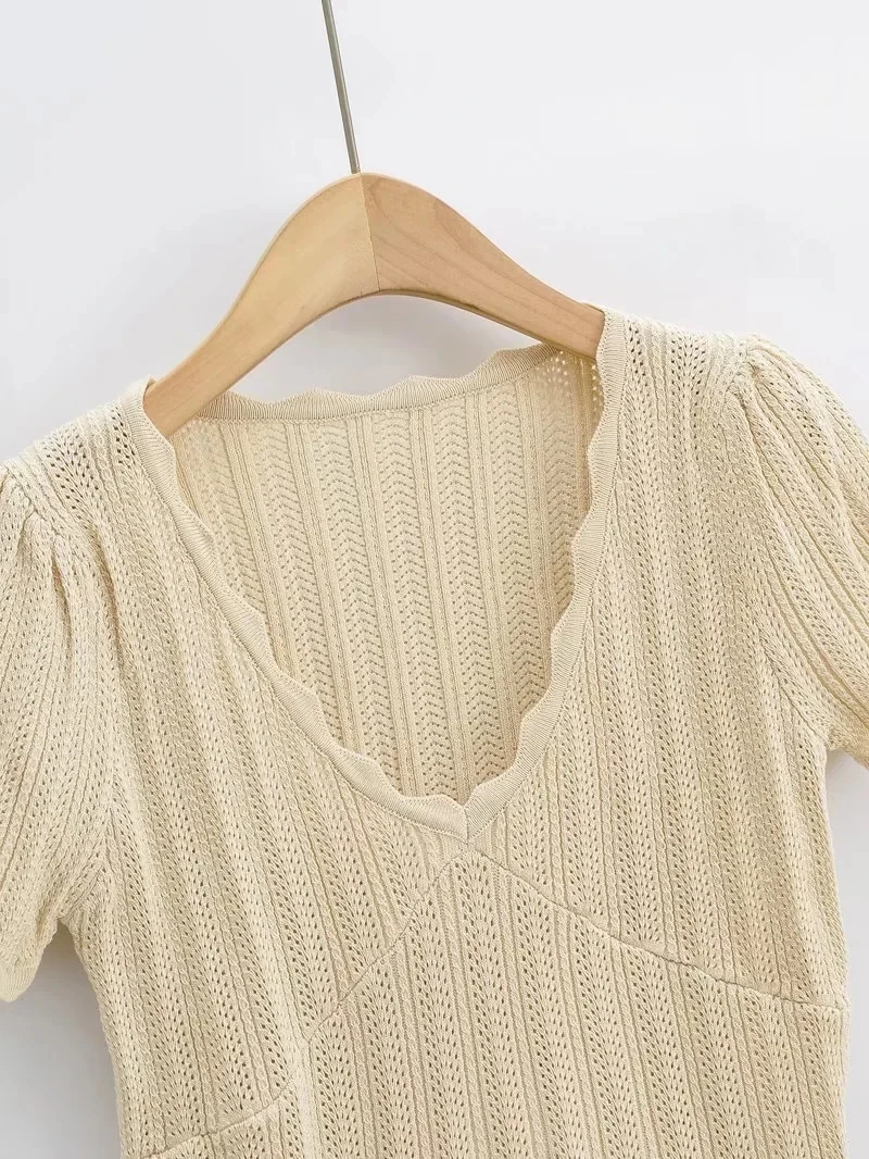 Women V Neck Knitted Crochet Tee With