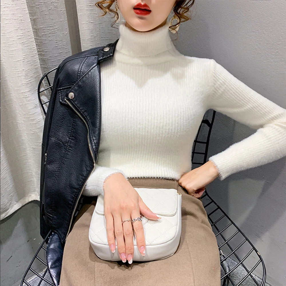 Turtleneck Women Sweater Autumn Winter Korean Pullover Basic Tops Casual Soft Knitted Long Sleeve Jumper Slim Fit Streetwear