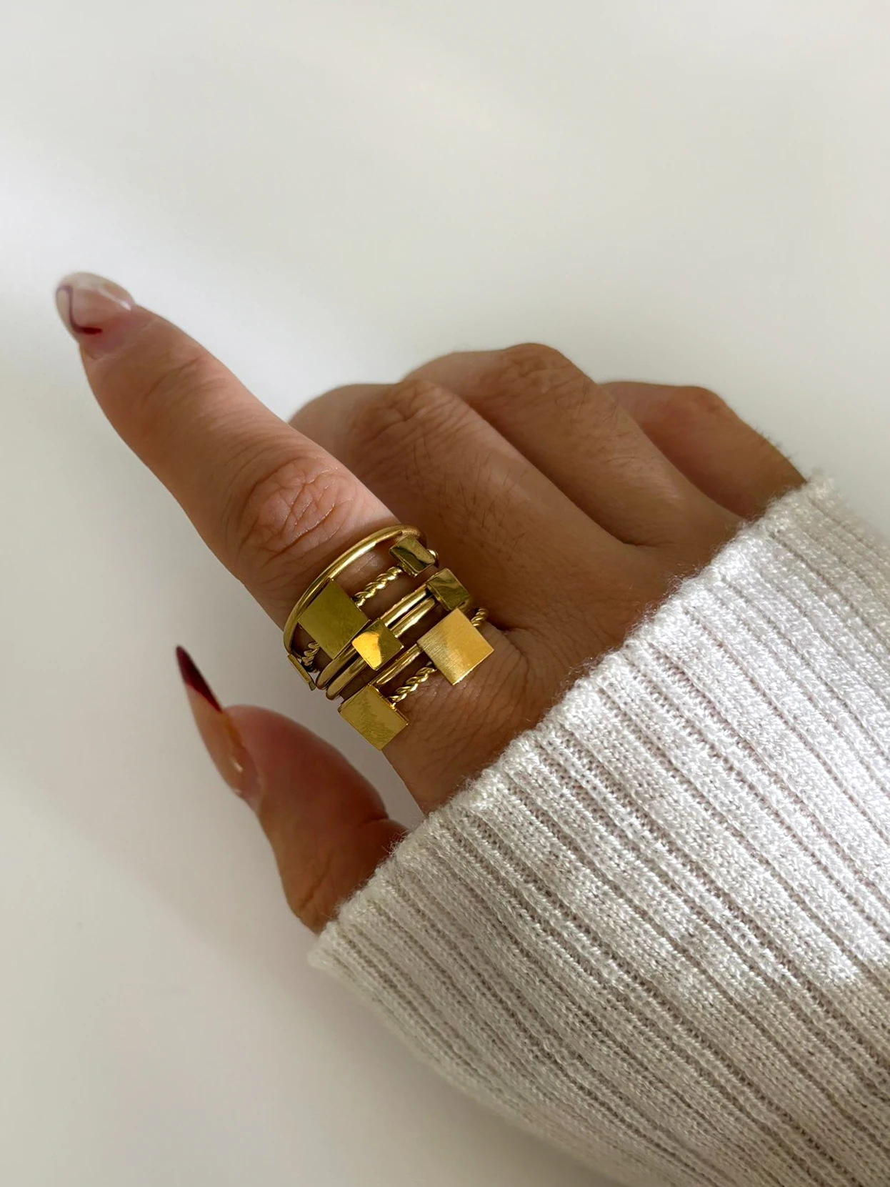 Peri\'sBox Detachable 6pcs Gold Plated Geometric Round Square Finger Rings for Women Men Unique Stainless Steel Stackable Jewelry