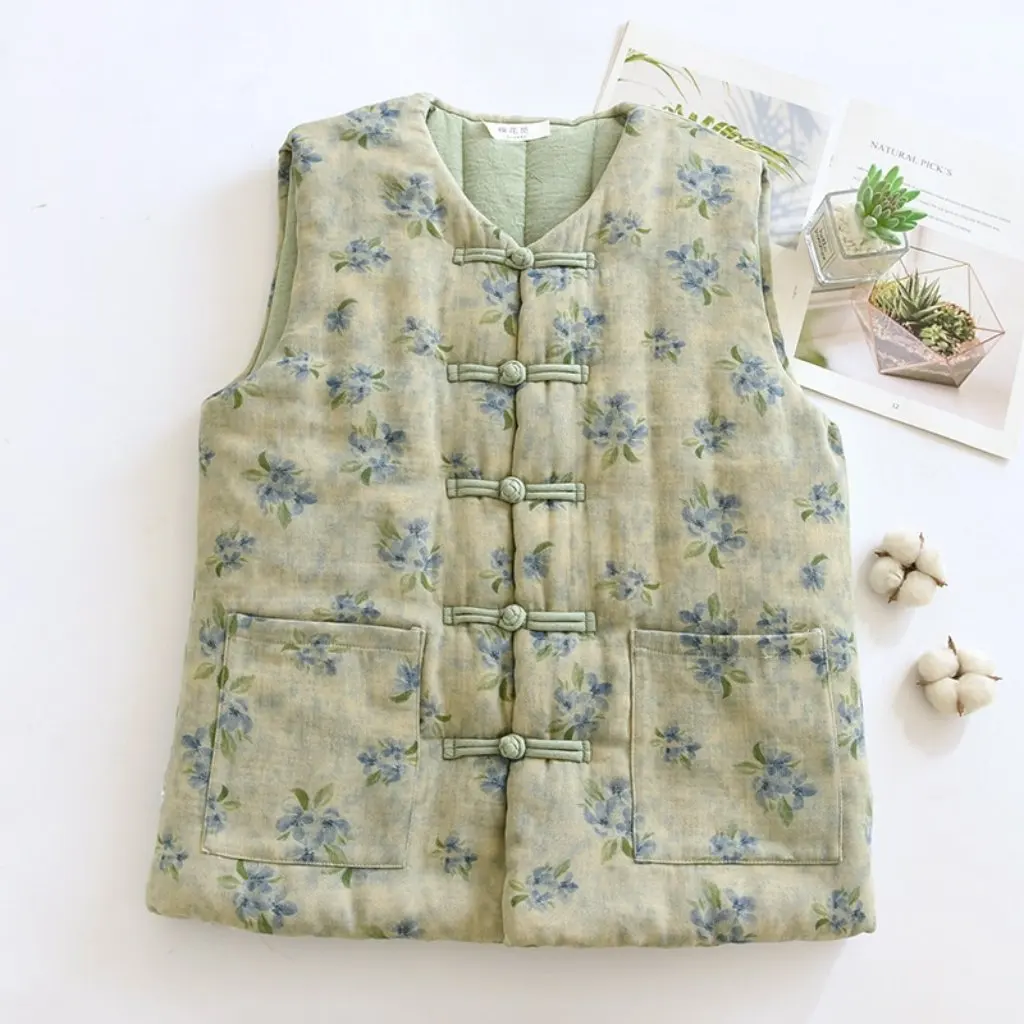 

Women's Autumn Winter Handmade Retro Buckle Thickened Warm Cotton Linen Yarn-Dyed Xinjiang Cotton Top