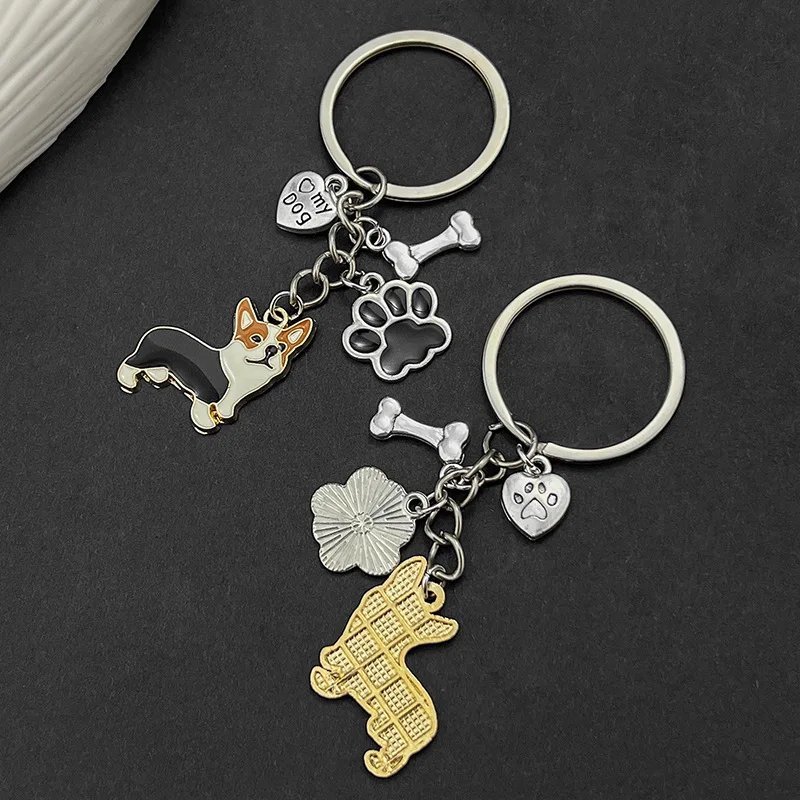 Cute Driving Puppy Keychain Cartoon Corgi Dog Claw Skateboard Pendant Keyring Creative Backpack Car Key Accessories Couple Gift