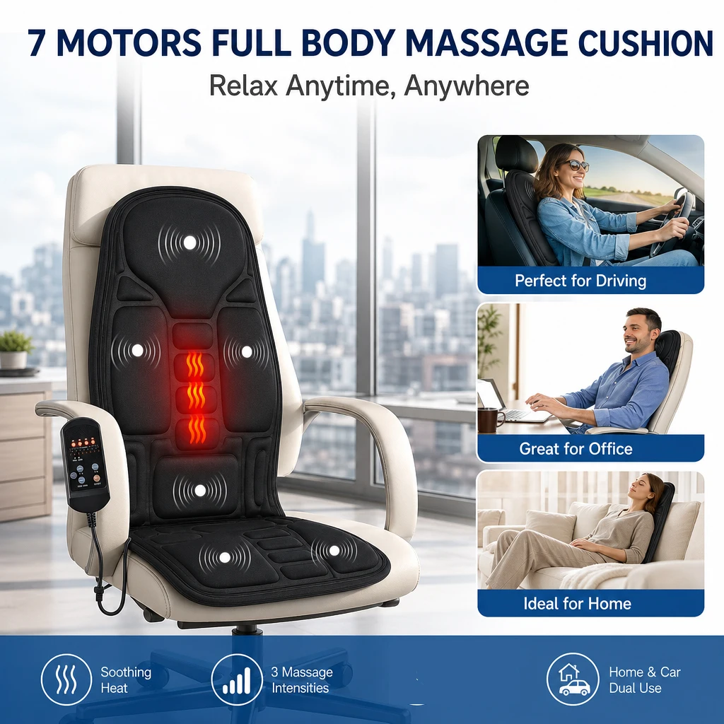 Electric Back Massager Massage Chair Cushion Heating Vibrating Car Home Office Lumbar Neck Mattress Pain Relief