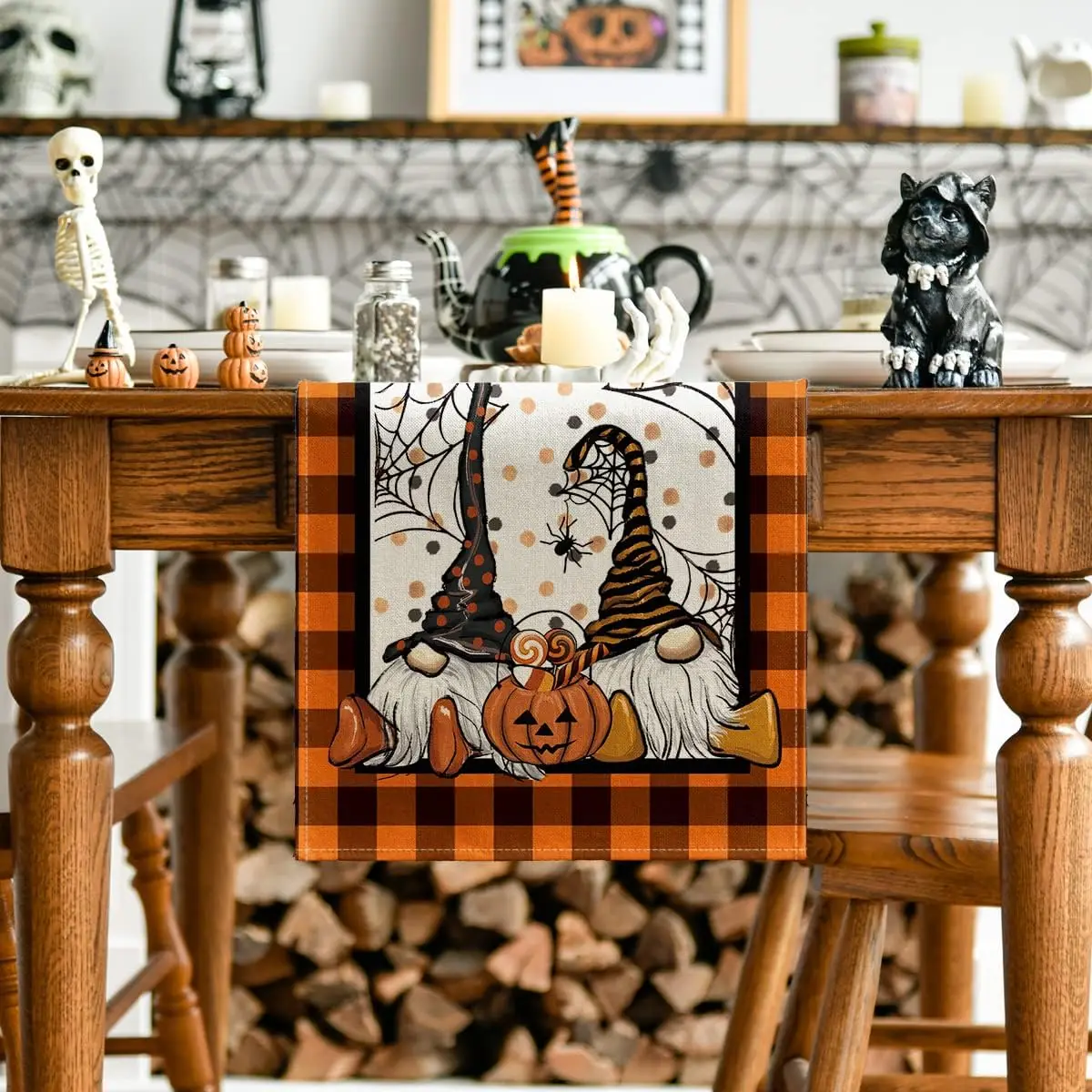 Buffalo Plaid Gnome Pumpkin Halloween Rectangle Table Runner Spider Web Autumn Kitchen Table Runner for Family Gatherings