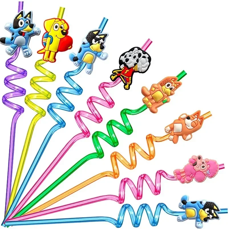 5/10pcs Anime Character Bluey Bingo Family Reusable Straw Party Decoration, Holiday Gifts, Children's Birthday Party Supplies