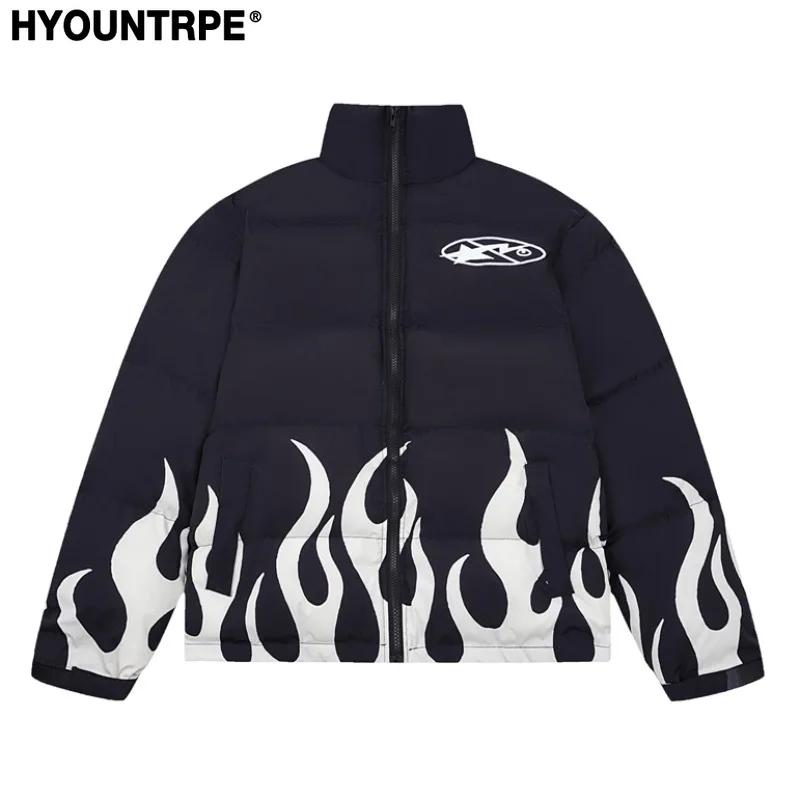 Hip Hop Fire Printed Jacket Parka Streetwear Mens Windbreaker Harajuku New Cotton Padded Zipper Jacket Coat Outerwear Hipster