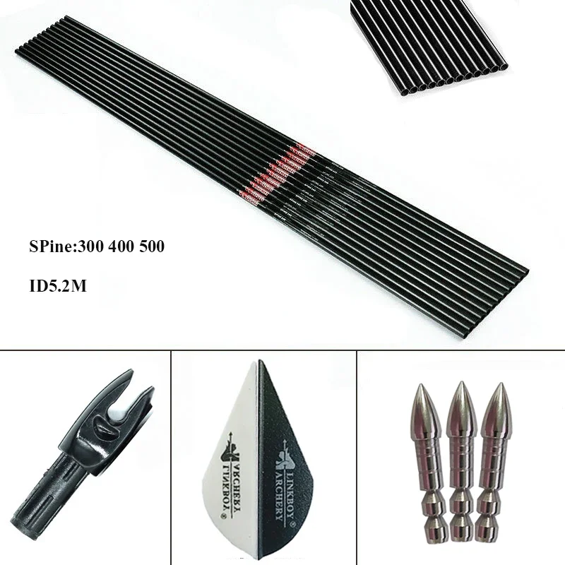 

12 шт. карбоновых стрел Linkboy для стрельбы из лука, спайн 300, 400, 500, внутренний диаметр 5,2 мм, наконечники 80 г, для традиционного и блочного лука, для охоты