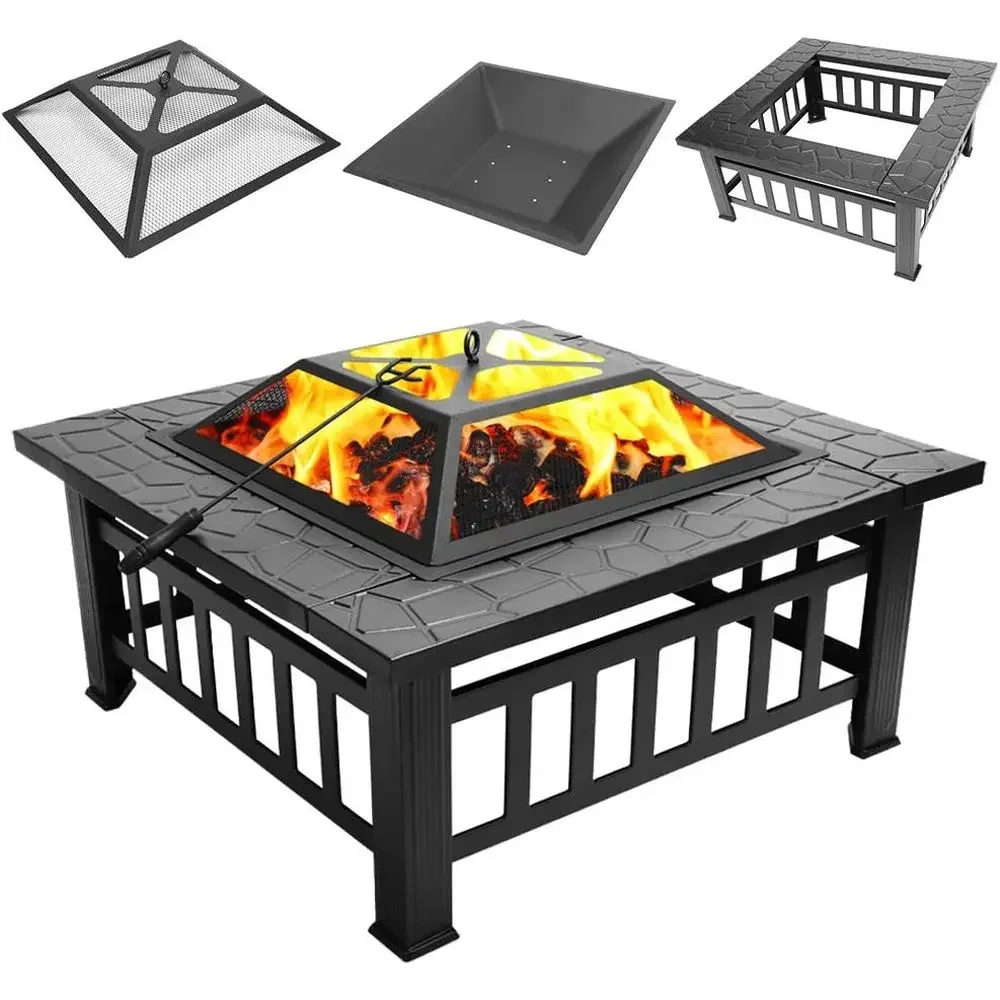 32 Inch Outdoor Square Patio Fire Pit Table - Multifunctional BBQ Grill, Garden Stove, Wood Burning Fireplace with Mesh Spark Sc