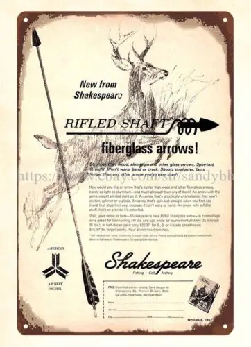 1967 Shakespeare Rifled Shaft Bow Fiberglass Arrows Deer Hunting metal tin sign