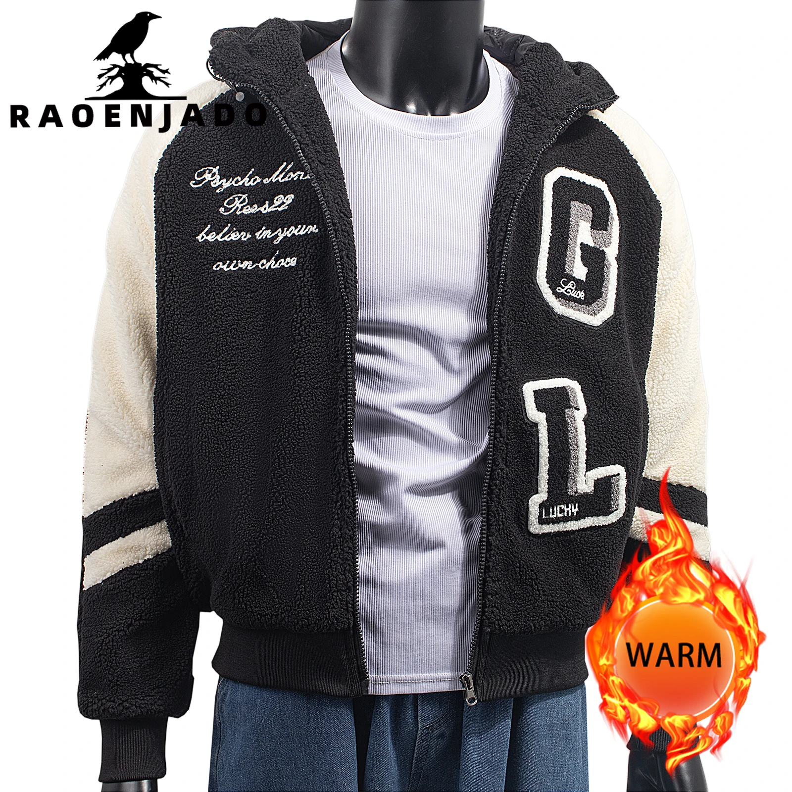 Men's Hooded Fleece Jacket Full Zip Winter Thick Warm Coat Colorblock Streetwear Outerwear with Fine Embroidery for Casual Wear
