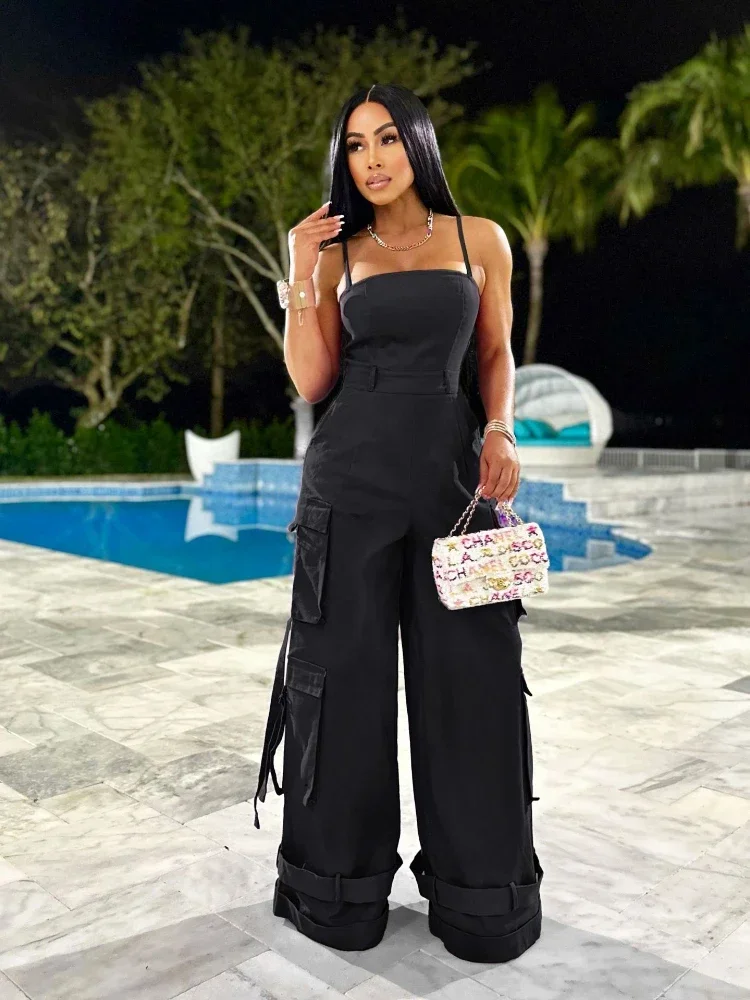 Ueteey Fashion Multi Pocket Cargo Pants Wide Leg Jumpsuit Rompers Women Spaghetti Straps Backless One Piece Overalls Streetwear