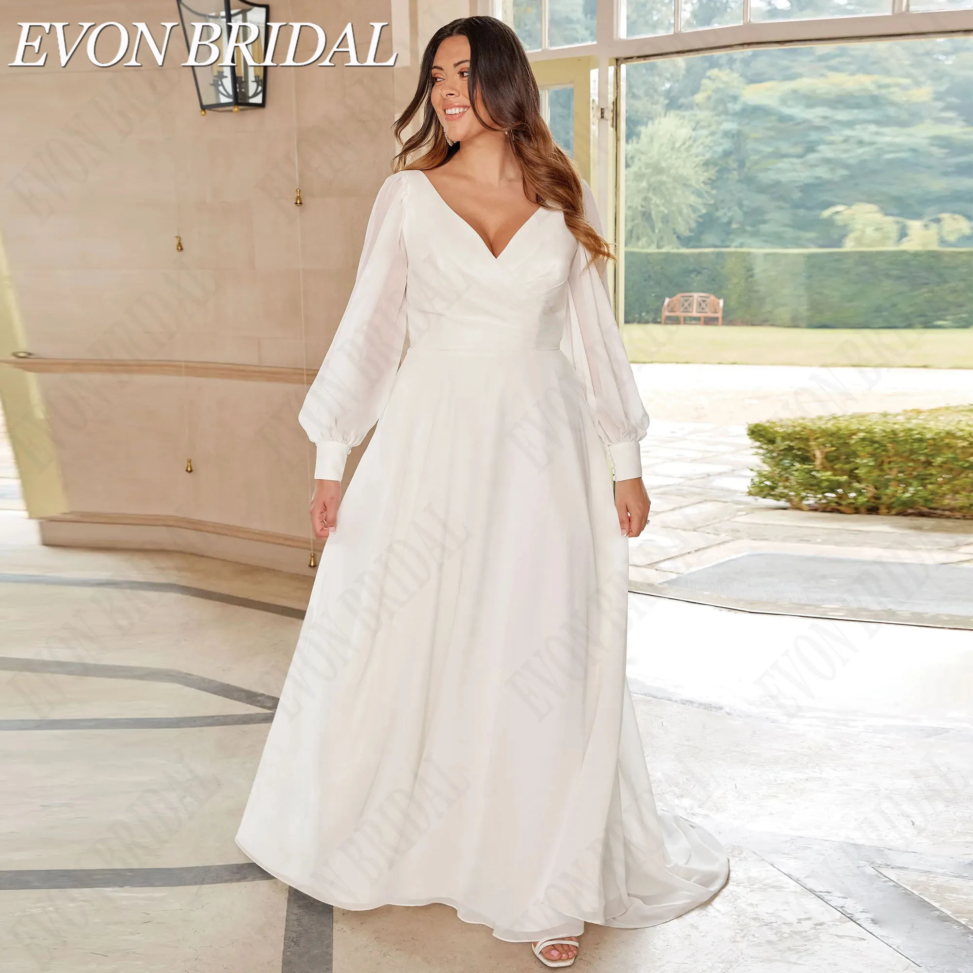EVON BRIDAL Plus Size V Neck Wedding Dresses Lantern Sleeve Chiffon Bridal Dress A-Line Deep V Back Bridal Gown Customized