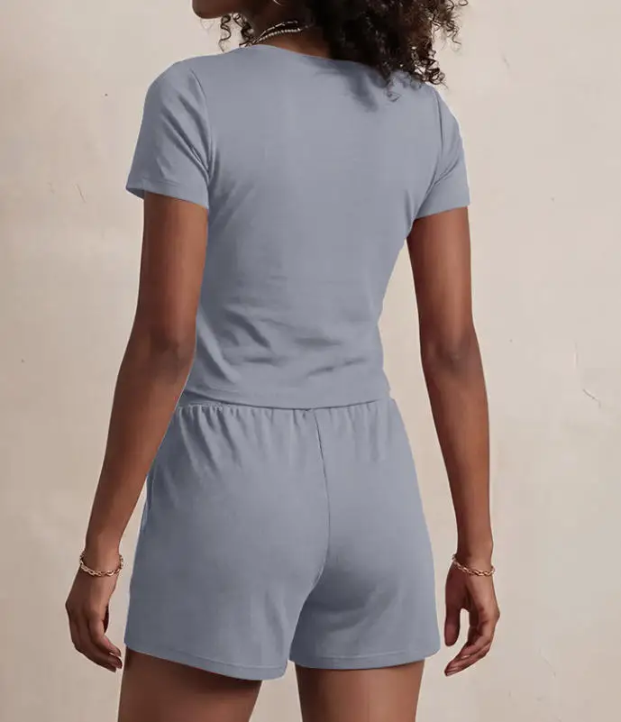 Two Piece Set Women Outfit 2026 Spring Summer New Solid Color Round Neck Short Sleeve T-Shirt & Casual Daily Shorts Set