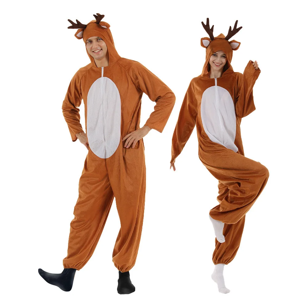 Adult Christmas Unisex Reindeer Costume Family Elk Cosplay Outfits Couple Animal Pajamas Carnival Party Suit